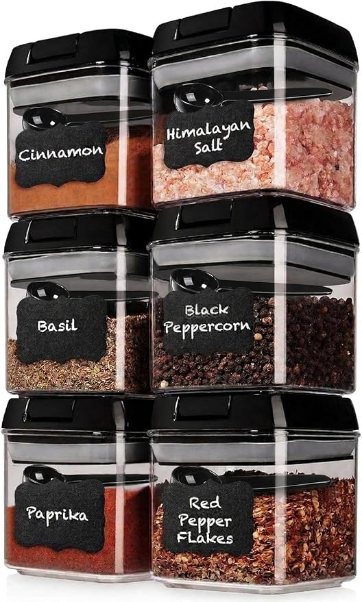 Shazo 6 PC Airtight Food Storage Containers + 6 Spoons Included - BPA Free Plastic Snack & Spice Containers with Easy Lock Lids - Kitchen and Pantry Organization for Herbs Coffee Tea - 0.5L / 2.1 Cup