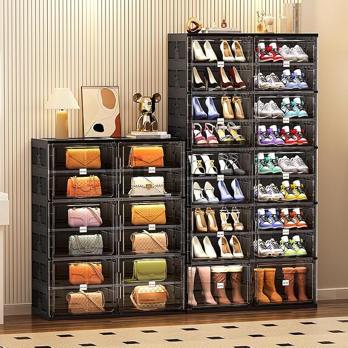 JEKO&JEKO 5 Tiers Foldable Boot Storage Shoe Rack Cabinet for Closet Entryway, Large Collapsible Shoe Organizer with Magnetic Doors (Black)
