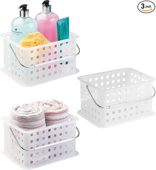 iDesign Portable Shower Caddy Basket with Handle, Set of 3, Frost | For Dorm or Bathroom, Made in USA
