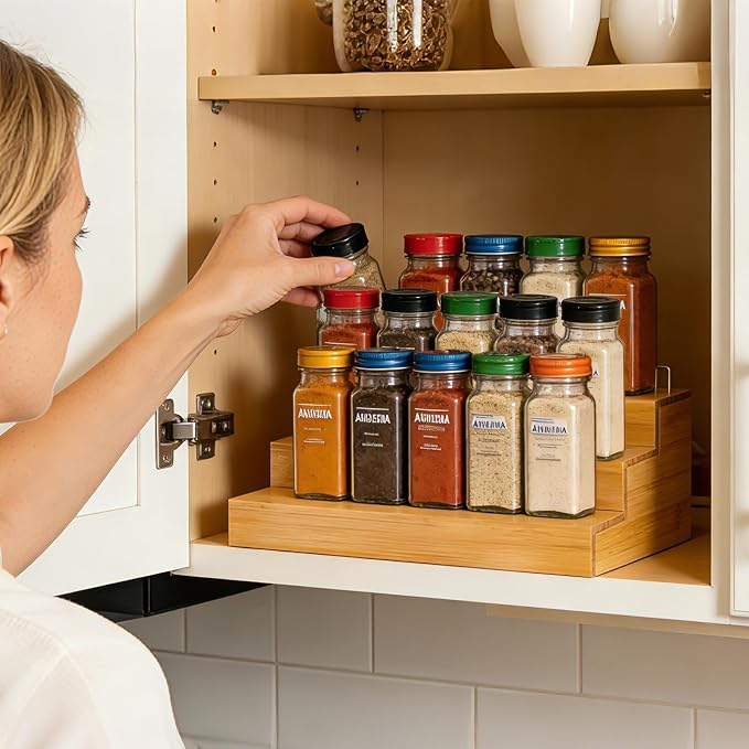 Spice Rack Organizer for Cabinet - 2PCS 11.8in Bamboo Spice Shelf | 3 Tier Seasoning Organizer for Countertop, Kitchen, Pantry - Apply to Standard Spice Jars, Vitamin Bottles, Sauce Cans
