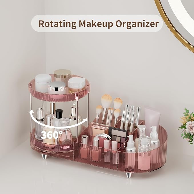 360 Rotating Makeup Organizer for Vanity, 2 Perfume Trays with 5 Compartments Cosmetic & Skincare Storage, Multi-Purpose Countertop Organizers for Bathroom, Desk, Pantry, Space-Saving Beauty Organizer