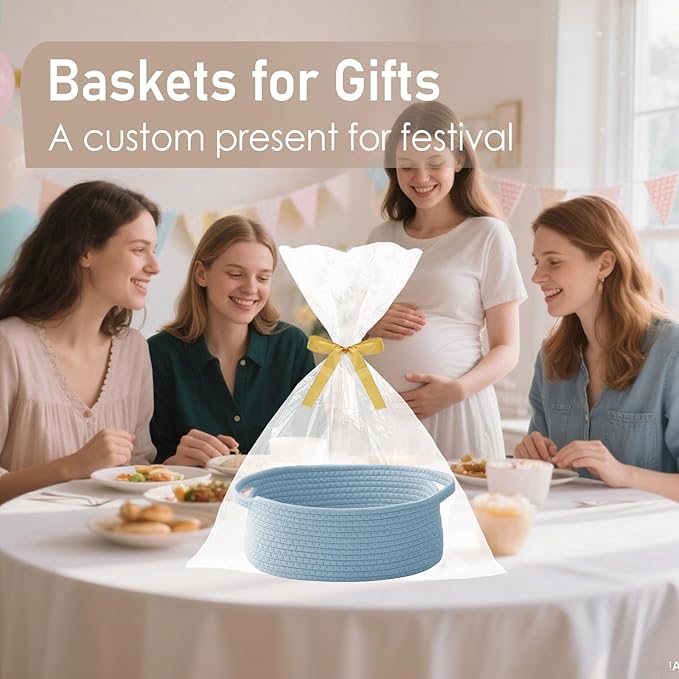 JMvicyroam Small Woven Basket, Empty Gift Basket, Blue/1 Pack | Small Gift Basket, Cotton Rope, 12 x 8 x 30 in, Handles, Includes Ribbon and Bag, Birthday Gift Basket