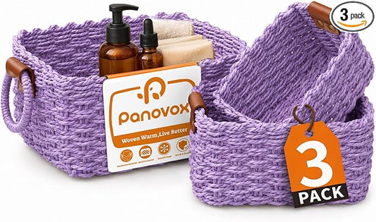 Small Wicker Baskets, 3 PCS Paper Rope Baskets for Shelves, Purple | Recycled Small Baskets, 3 Sizes Woven Baskets for Organizing, Decorative Storage Baskets for Bedroom and Bathroom