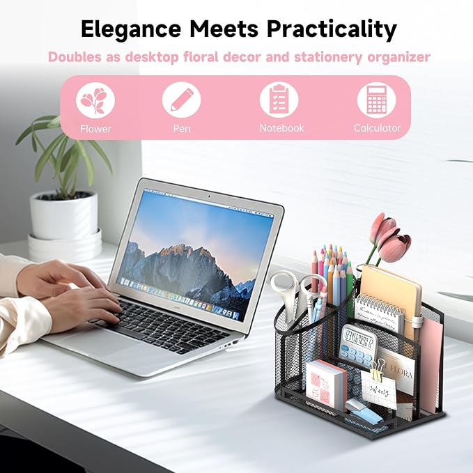 Desk Organizer with 3 Compartment Pen Holder, 3-Slot Mail Organizer and Flower Tube, Metal Mesh Bill Organizer for Pencil, Envelope, Letter and Office Supplies, Black