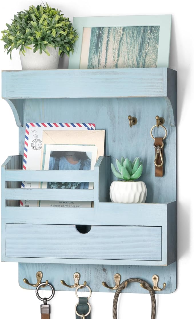 Rebee Vision Key Holder Wall Mount with Drawer & Shelf for Entryway, Blue | Pine Wood, Key Holder for Wall, 6 Sturdy Hooks, Floating Shelf, Drawer Organizer, Mail Sorter, Home Decor, Decorative Storage