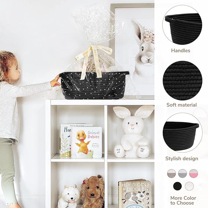 CHICVITA Small Woven Boo Basket Empty with Bags & Ribbon for Gift, Black | 12"x 8"x 5" Woven Gift Basket Empty to Fill, Baskets for Organizing, Cute Basket for Dogs Cats, Organizer for Shelves