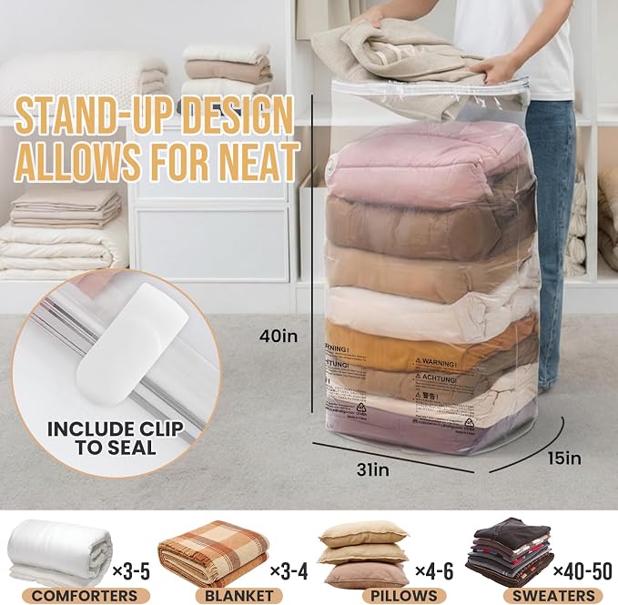 TAILI 12 Pack Vacuum Storage Bags, Jumbo Cube 31x40x15 Inch, Clear | Extra Large Vacuum Seal Bags for Comforters, Blankets, Bedding, Clothing, No Pump Compression Cube, Space Saver Storage