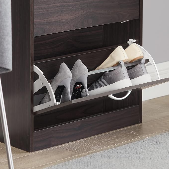 Haotian Narrow Shoe Cabinet for Entryway | Slim Freestanding Shoe Rack with 2 Flip-Drawers, Hidden Storage Shoe Organizer Hallyway Mudroom, Brown, FSR110-K-BR