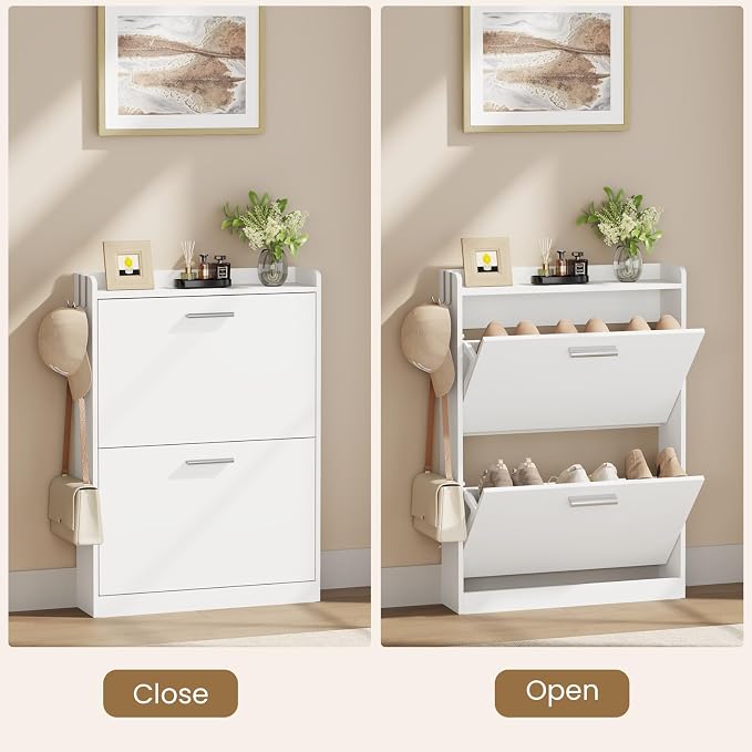 Slim Shoe Cabinet for Entryway with 2 Flip Drawers, 23.6" W White | Freestanding shoe storage cabinet for entryway,foyer and hallway,Narrow design and space-saving flip drawers