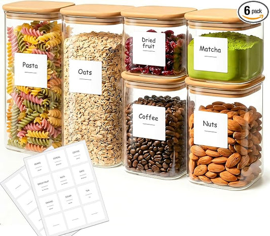 Glass Pantry Storage Containers with Lids 0.6/1.2/1.9 Qt 6 Pack | Pantry Organization, Square Stackable Design, Flour Sugar Coffee Beans Pasta Cereal Dry Food Storage,Kitchen Organizer
