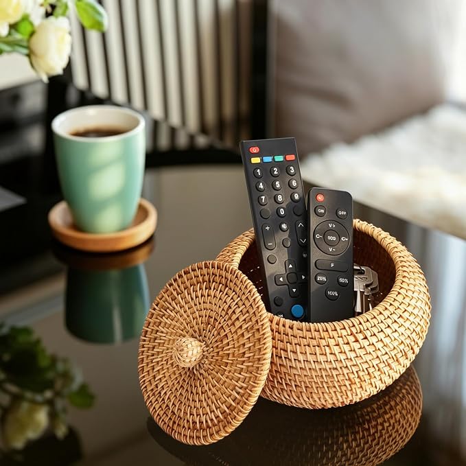 Hipiwe Handwoven Rattan Basket Round Round Wicker Storage Box | Decorative Shelf Baskets Multi-purpose Natural Basket Box for Remote Control Bread Candy Farmhouse Picnic Baskets