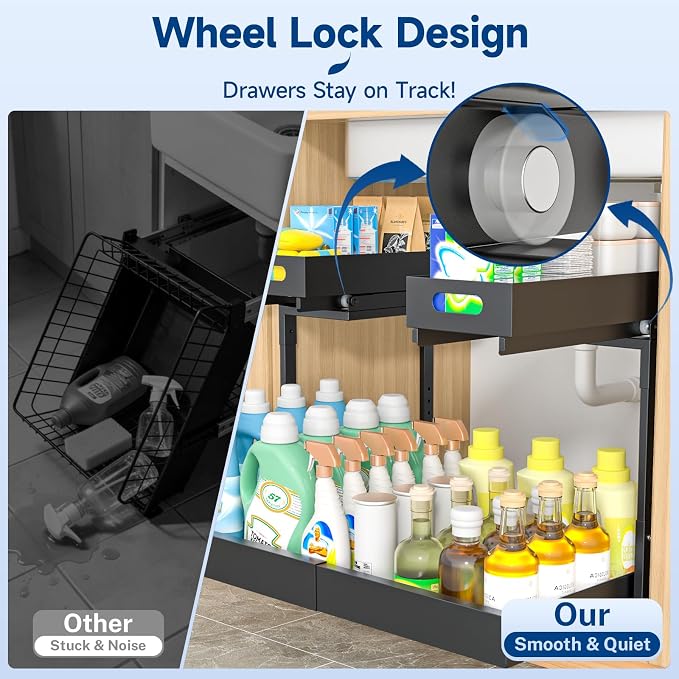 Insputer Upgrade Expandable Under Sink Organizer, 2 Tier Metal Under Cabinet Storage with 3 Slide Rails, Height Adjustable, Thickened Pull Out Drawer Shelf for Bathroom, Kitchen, Laundry, Pantry