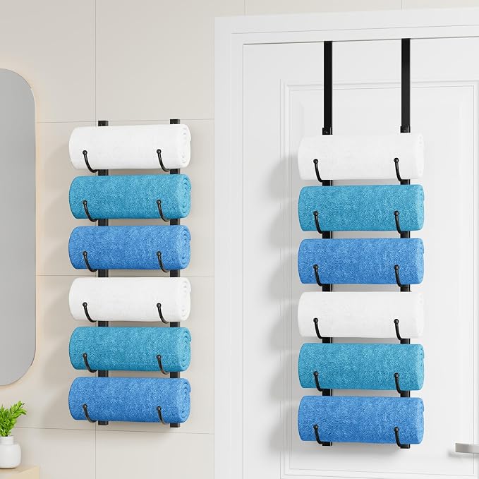 HapiRm Rolled Towel Racks for Bathroom - 6-Tier Over The Door & Wall Mounted Bathroom Towel Storage, Hanging Metal Organizer for Towels & Bath Sheets, Space Saving Rack for Bathroom, Camper, RV, Black