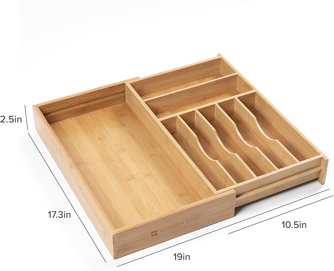 KitchenEdge Silverware & Utensil Drawer Organizer, 10.5-19 in, Bamboo | Cutlery, flatware, food-safe contract grade, kitchen drawer fit