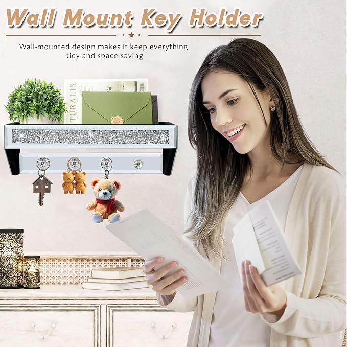 Crushed Diamond Wall Key Holder with Shelf, Crystal Mirror Wall Mounted Key Holder with Shelf for Entryway and Home Decor