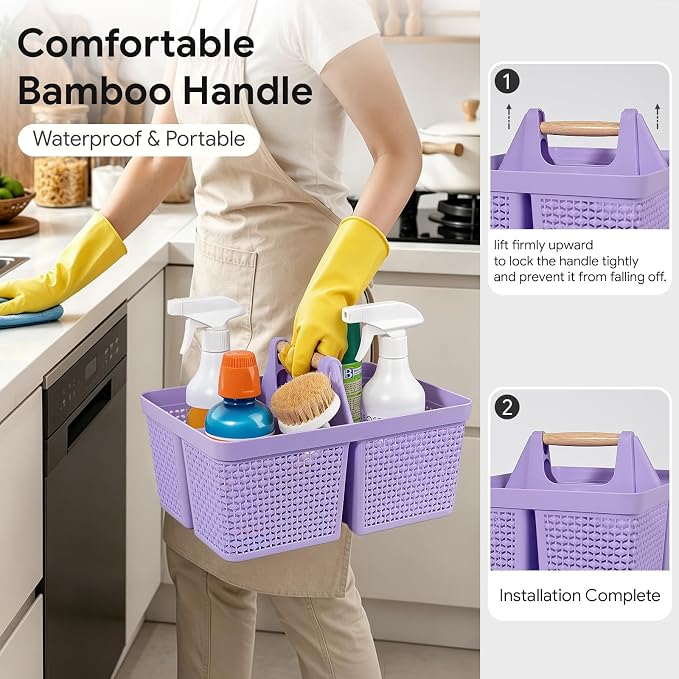 UUJOLY Portable Plastic Shower Caddy Basket with Wooden Handle, Purple | Divided Storage Organizer Tote for Bathroom, Dorm, College, Kitchen & RV – Lightweight, Easy-Carry Essentials Caddy