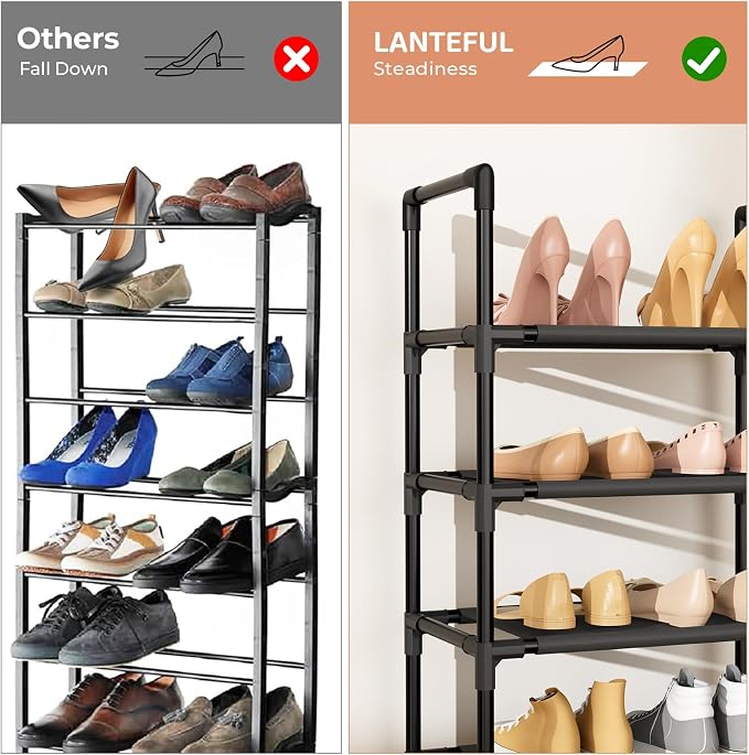 LANTEFUL 10 Tiers Shoe Rack 25 Pairs Large Capacity Tall Shoe Organizer Sturdy Shoe Storage with Two Hooks Space Saving Metal Narrow Shoe Rack for Closet, Entryway, Bedroom, Black