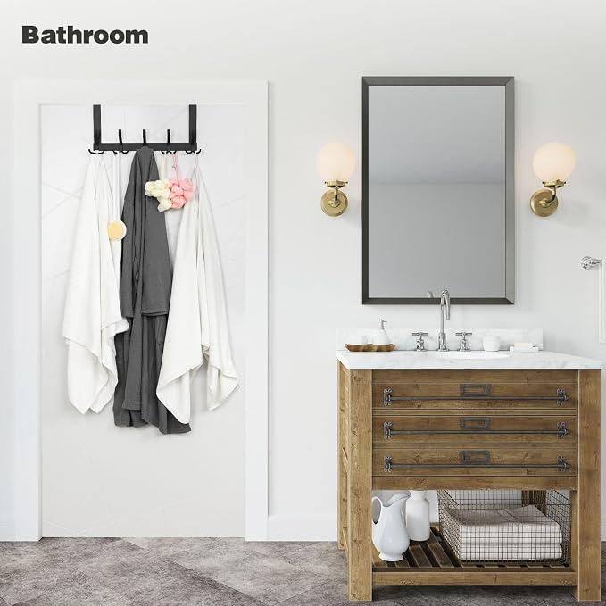 Optish Over The Door Hooks for Hanging, Over The Door Hanger, Over The Door Towel Rack for Bathroom with 5 Triple Coat Hooks, Bathroom Towel Holder Towels Hanger (Black, 1 Pack)