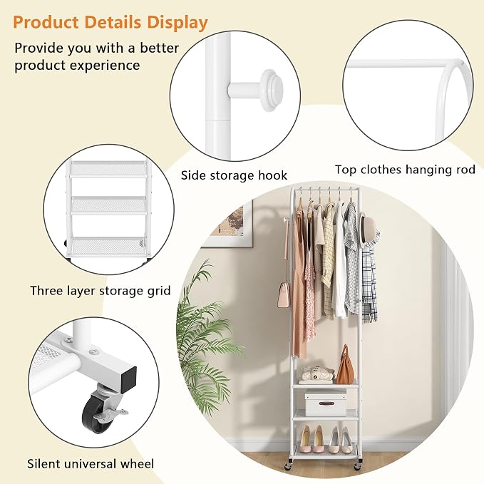 Kaitiemoo Clothing Rack, Mobile Garment Rack with Wheels & 3 Shelves, White | Heavy Duty Frame, Fits Small Spaces, 71.8 Inches Display Rack, Easy to install, White clothes rack