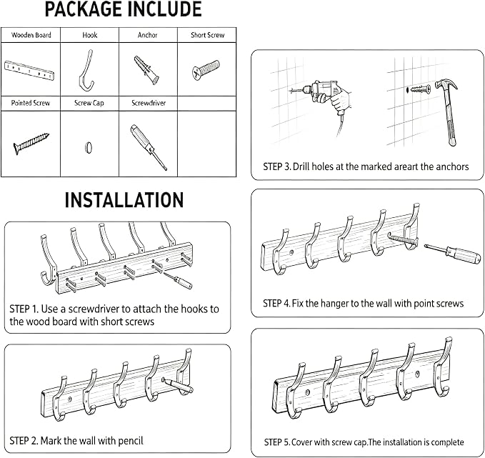 1Pack Wall Mounted Coat Rack with 5 Hooks, 15.8 Inch Wood Coat Hook | Rust-Resistant Metal Hooks, Heavy Duty Wall Hooks, Up To 45 Lb In Studs, Easy Install, For Entryway Bedroom Bathroom