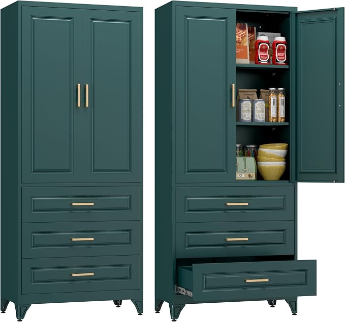 Polup 75" Metal Storage Cabinet, Kitchen Pantry Cabinet with 3 Drawers | Heavy-Duty Green Tall Cabint with 2 Doors and 3 Adjustable Shelves, Magnetic Latch, Gold Handles, for Dining Living Room