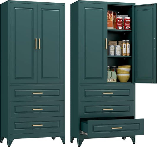 Polup 75" Metal Storage Cabinet, Kitchen Pantry Cabinet with 3 Drawers | Heavy-Duty Green Tall Cabint with 2 Doors and 3 Adjustable Shelves, Magnetic Latch, Gold Handles, for Dining Living Room