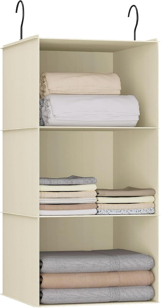 Hanging Closet Organizer 3-Shelf, Oxford Fabric Wardrobe Storage, Beige | Easy-mount foldable design holds clothes, handbags, shoes & accessories; washable Oxford fabric, sturdy and space-saving.