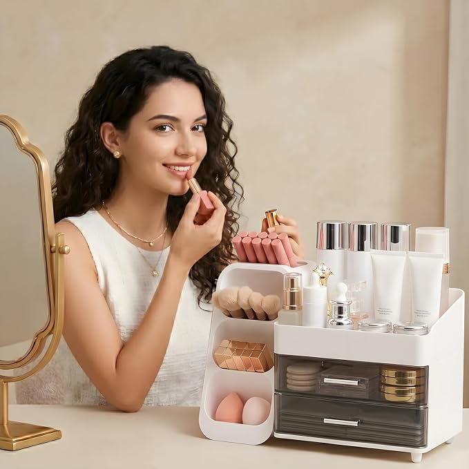 Makeup Organizer for Vanity with Brush Holder and 2 Drawers, White | Large-Capacity Makeup Holder Organizes Skincare, Cosmetics and Daily Beauty Products for Tidy Vanity and Bathroom Counters