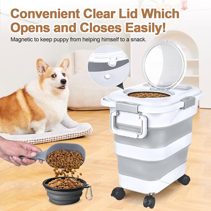 Dog Food Storage Container, 10-20 lbs Airtight Collapsible Cat Food Storage Container with Attachable Wheels, Portable Handle, Dog Food Scoop for Dog Cat Bird Pet Dry Food Storage Bin Light Grey