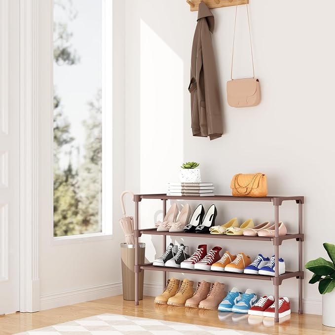 34" Widening Design Shoe Rack for Closet 16 Pairs Small Spaces Non-Woven 3 Tier Shoe Organizer Stackable Metal Shoe Shelf for Entryway, Bedroom Brown
