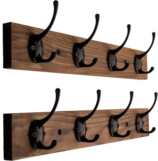 VERTORGAN 2 Pack Wall Mounted Wooden Hat Rack,4 Hooks Entryway(Brown) | Wood Coat Hooks,Wall Hooks for Hanging,Hat Rack Bag Hanger Key Holder for Wall,Purse Hanger Towel Racks for Bathroom