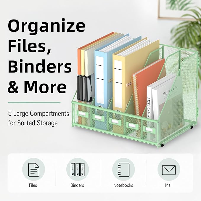 SUPEASY Desk Organizers Metal Desk Magazine File Holder with 5 Vertical Compartments Rack File Organizer for Office Desktop, Classroom, Home Workspace, Green, Plus