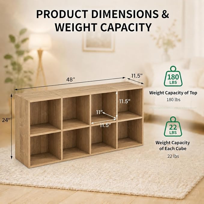 POWERSTONE 8 Cube Storage Organizer, Open Cube Bookshelf with Back Panels, Modern Display Cubby Bookcase for Bedroom Living Room Home Office, Natural