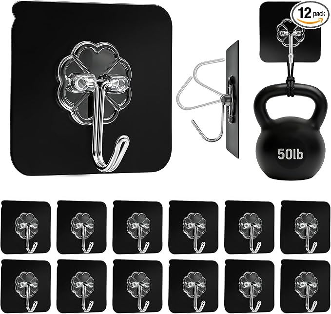 DDMY Black Heavy Duty Adhesive Hooks 2026 Upgraded 50lbs（Max） Sticky Wall Hooks for Hanging 12 Pack No Damage Hook Strong Waterproof Bathroom, Kitchen, Shower,Ceiling, Office and Outside Decor Hanger