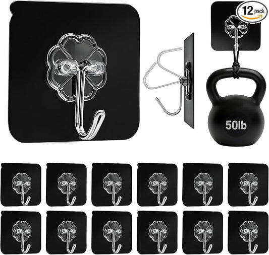 DDMY Black Heavy Duty Adhesive Hooks 2026 Upgraded 50lbs（Max） Sticky Wall Hooks for Hanging 12 Pack No Damage Hook Strong Waterproof Bathroom, Kitchen, Shower,Ceiling, Office and Outside Decor Hanger