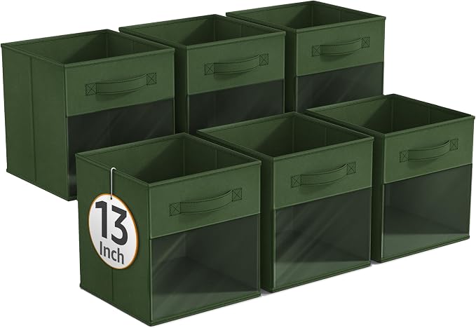 Sorbus 13 Inch Storage Bins with Clear Window - 6 Foldable Baskets for Organizing Clothes, Toys, Books - Sturdy Collapsible Fabric Storage Cubes with Handle - Storage Baskets for Shelves, Closets