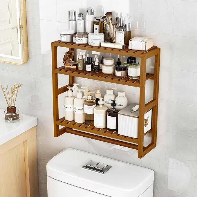 Galood Over The Toilet Storage Bathroom Shelves Wall Mounted 3 Tier Space Saver Corner Shelf Organizer Bamboo Towel Rack Toilet Paper Cabinet with Hanging Rod Brown