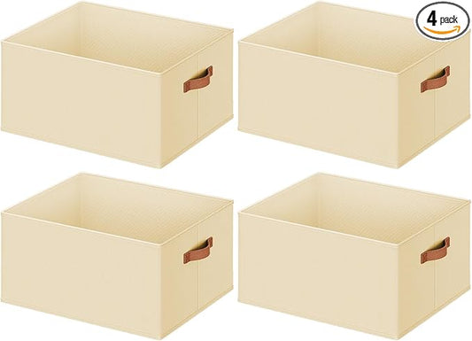 4 Pack Large Closet Storage Baskets Bins for Shelves, Collapsible Fabric Closet Organizers and Storage with Polyester Handles, Decorative Baskets for Organizing Clothes, Towels, Linen Closet 16x12x10"