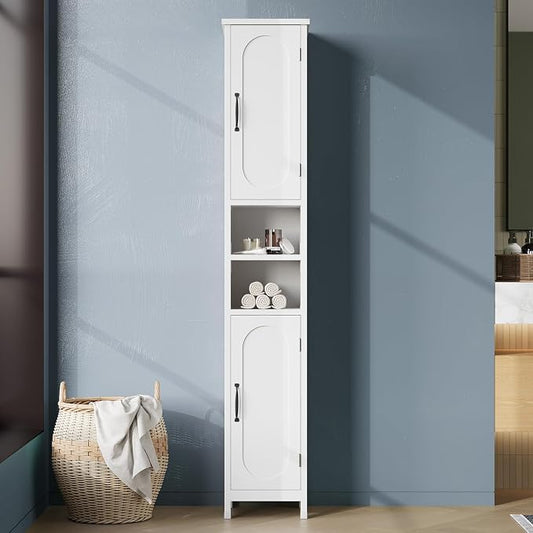 67" Tall Bathroom Storage Cabinet with Lights, Slim Narrow Bathroom Cabinet Organizer with Doors and Adjustable Shelves, Tall Cabinet for Small Space (66.9" Tall-White with Light)