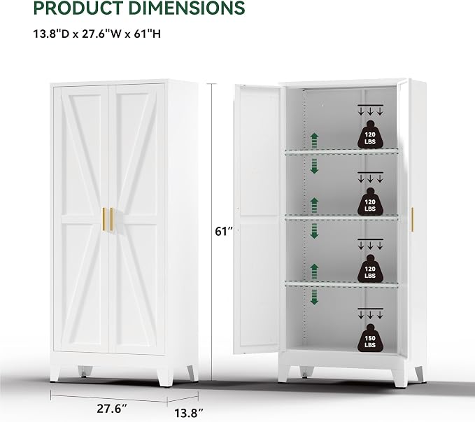 Kitchen Pantry Cabinet with Barn Doors,61" H x 27.5" W,Metal Farmhouse Storage Cabinet with Adjustable Shelves,4-Tier Storage Cabinet for Kitchen Dining Room Garage Office,White 1 Pack