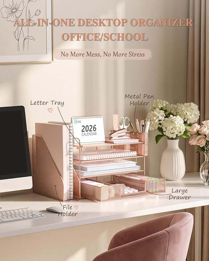 WALI Desk File Organizer, 4 Tier Desktop Paper Letter Tray Organizer with Drawer and 2 Pen Holders, Office Desk Accessories & Workspace Organizers for Office, Home, School Supplies, 1 Pack, Rose Gold