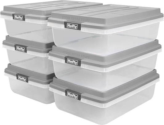 Hefty 40 Qt Hi-Rise Storage Bin with Lid, Stackable Plastic Storage Container, Organizer for Home, Garage & Closet, 6 Pack, Gray