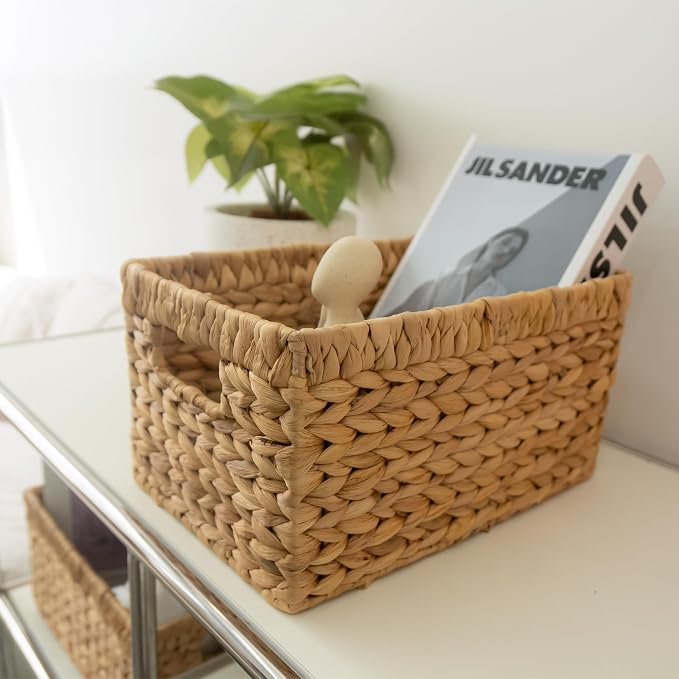 KOKODO Wicker Storage Basket Set of 2, Rectangular Baskets for Shelves with Handles & Chalkboard Labels, Handwoven Water Hyacinth Baskets for Organizing Pantry, Closet & Home.