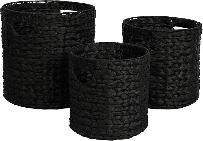 happimess Avery 3-Piece Cylinder Nesting Baskets 13", Black | Hyacinth, Bohemian Cottage Style, Handwoven Wicker, Iron Metal Frame, Decorative Storage For Toys And Books, Built In Handles