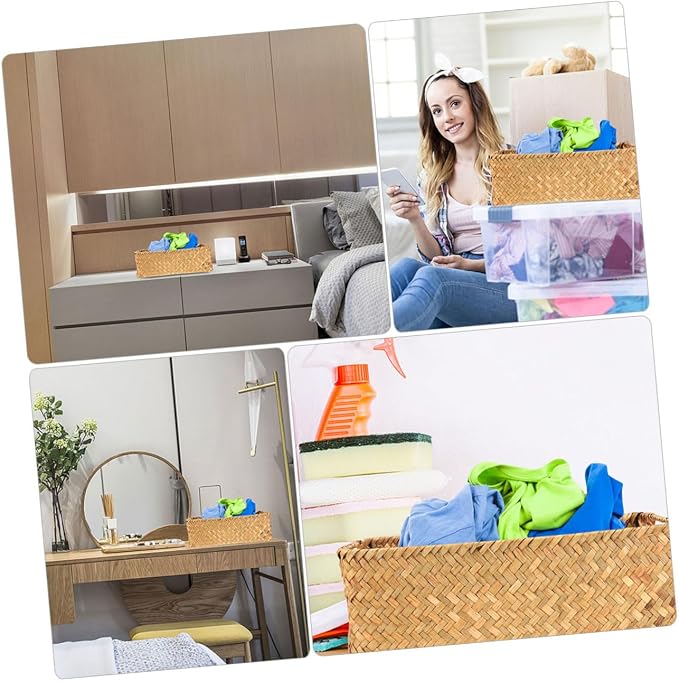 Zerodeko Handwoven Straw Woven Basket with Flat Base Decorative Storage Organizer for Desktop Household Supplies Compact Multifunctional Storage Holder for Vegetables Snacks