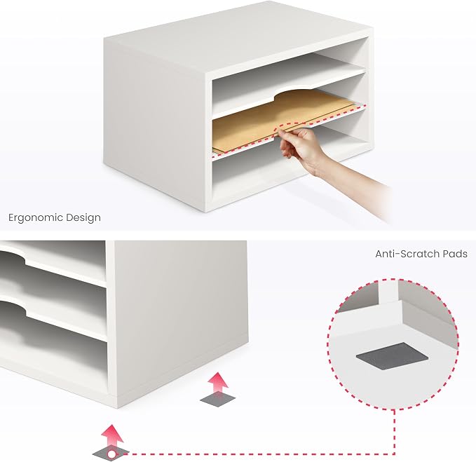 Ballucci File Organizer, 3-Tier Document Paper Sorter, Stackable Wood Desk Organizer, Mail Sorter and Monitor Stand with Storage Shelves, White