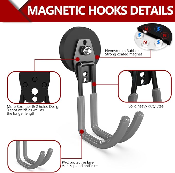 3-H Heavy Duty Magnetic Hooks, Large Magnet Hooks,4 Pack Gray | No-Drill Tool Holder for Garage,Power Drill,Garden Tools,Hose Storage