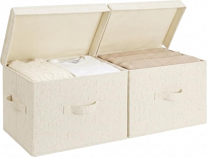 StorageWorks Fabric Storage Bins with Lids, Large Closet Storage Bins | Flip-Top Lid, 3 Handles, Collapsible, Stackable, for Clothes Blankets, Multi-Purpose, Large, Rustic Linen, 2-Pack