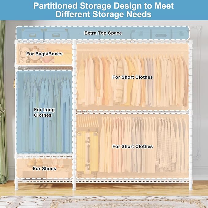 Ulif F7 Plus Clothes Rack, Clothing Racks for Hanging Clothes, White | Heavy Duty Garment Rack, 6-Tiers Freestanding Portable Closet Storage Racks 68'' W × 14.6'' D × 76.6'' H, Max Load 850 Lbs