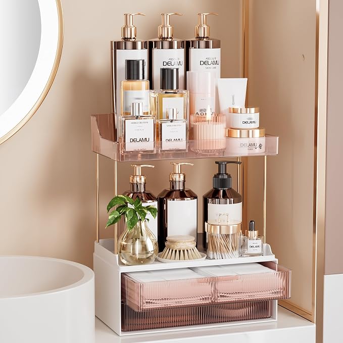 Delamu 4-Tier Makeup Organizer, Bathroom Counter, 2 Drawers, Grapefruit | Elegant Vanity Organizer Gift for Women, Holds Perfume, Skincare, Nail Polish & Hair Accessories for Bathroom Countertop